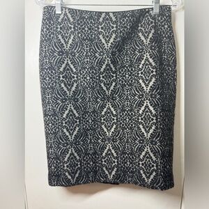 Talbots Black Grey Wool Blend Knee Length Brocade Print Pencil Skirt 8 Petite